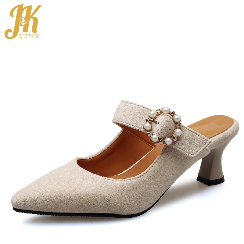 

JK High Heels Slippers Woman Pointed Toe Footwear Fashion Slides Shoes Female Pearl Mules Shoes Women 2019 Spring Plus Size 46