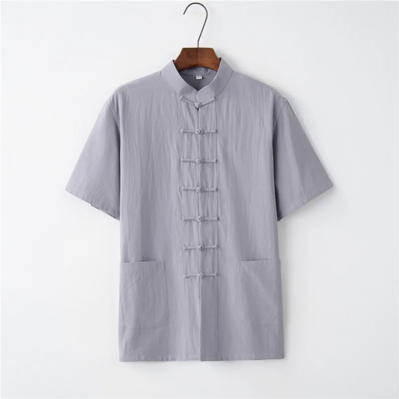 Summer Cotton Linen Kung Fu Shirt Blouse Mens Short Sleeve  Traditional Chinese Tang Suit Top Male Tai Chi Uniform 2