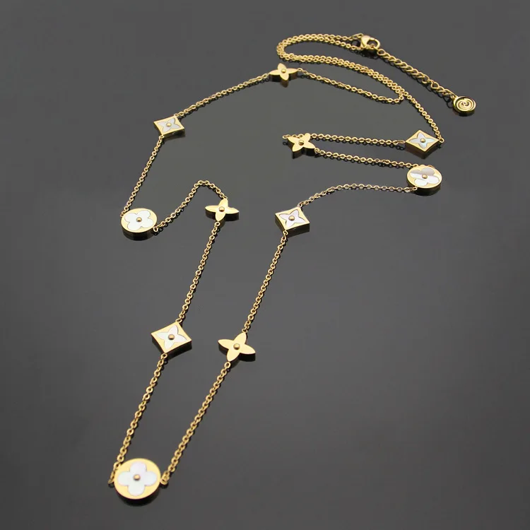 

Titanium steel Foreign trade charm white Shell Necklace clover long sweater chain necklace 11 flowers Long Necklace for women