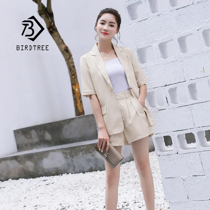 

2019 New Women's 2 Pieces Set Blazer Short Suits Half Sleeve Single Button Notched Pockets Pants Office Lady Hot Sale S95501Z
