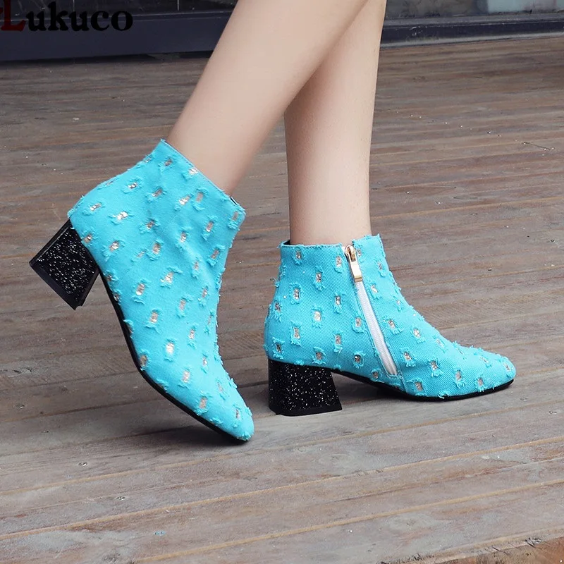 

2019 Women Fashion Boots Autumn Winter Shoes Zip Design Large Size 34-48 Flock Leather Medium High Heel Ankle Boots Mujer Shoes