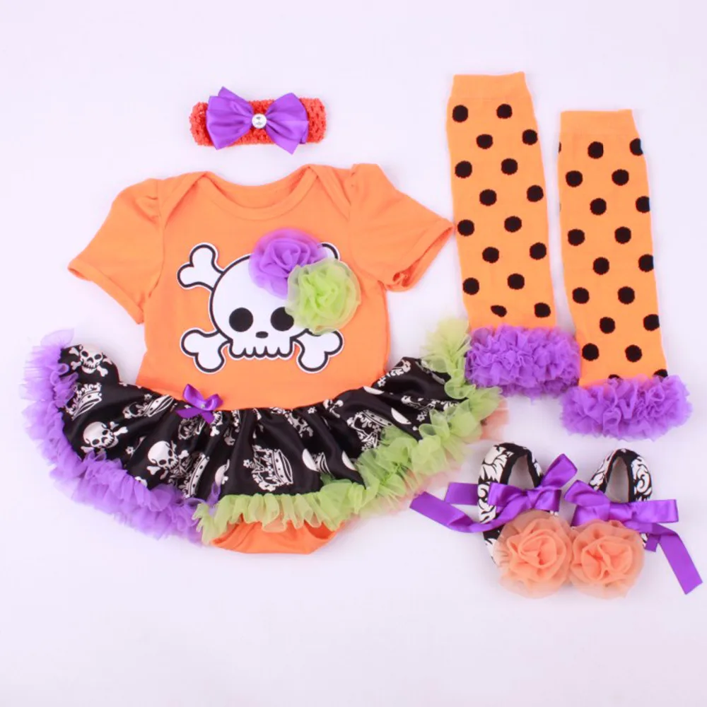 4PCs per Set Baby Girls' Halloween Orange Skull Tutu Dress Infant Costume Outfit Headband Shoes