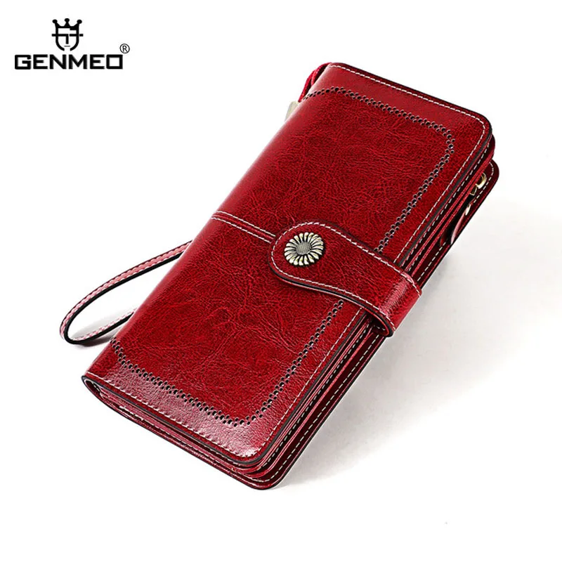 

GENMEO New Genuine Leather Wallet Women Cow Leather Purse with Card Holders Hollow Pattern Female Clutch Bag Bolsa Feminina