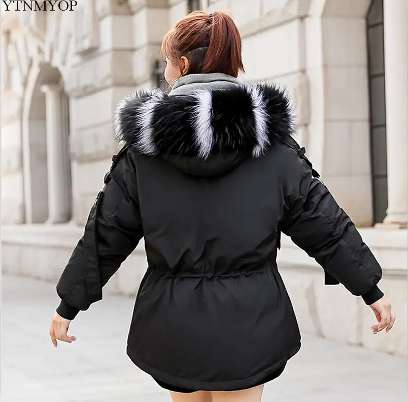 YTNMYOP Large Fur Collar Winter Coat Women Hooded Parkas Short Cotton Padded Jacket Coat Thickening Warm Wadded Jacket Female - Цвет: black style 1