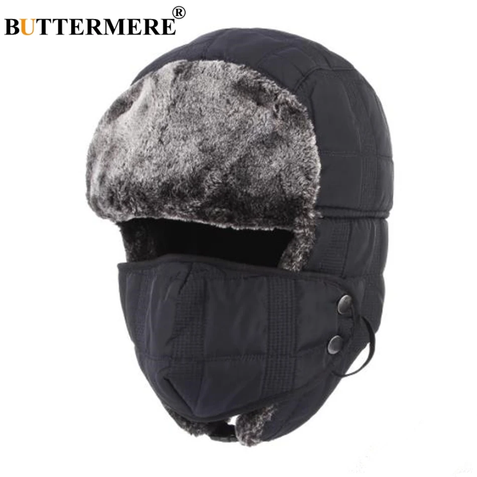 BUTTERMERE Black Men Winter Bomber Hat With Earflaps Mask ...