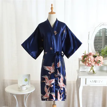 

Print Crane Women Casual Robe Satin Sleepwear Nightgown Summer New Home Wear Bathrobe Sexy Lady Dressing Bride Wedding Gown