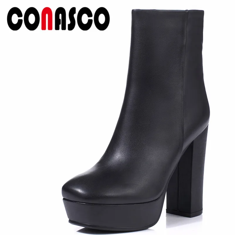

CONASCO 1Fashion Women Ankle Boots Autumn Winter Warm High Heels Shoes Genuine Leather Zipper Party Office Quality shoes Woman