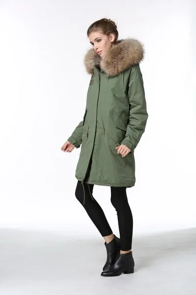 Новая женская зимняя армейская зеленая куртка пальто Толстые парки Плюс Размер настоящий Енот меховой воротник с капюшоном верхняя одежда быстрая
