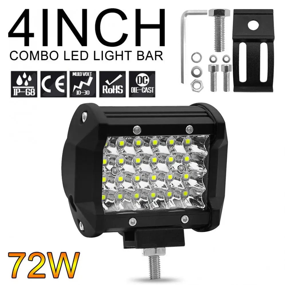 4 Inch 72W 7200LM Rows Car Led Work Light 6000K White Waterproof Off-Road Bar for Suv Boat 4X4 Jeep JK 4Wd Truck | Автомобили и