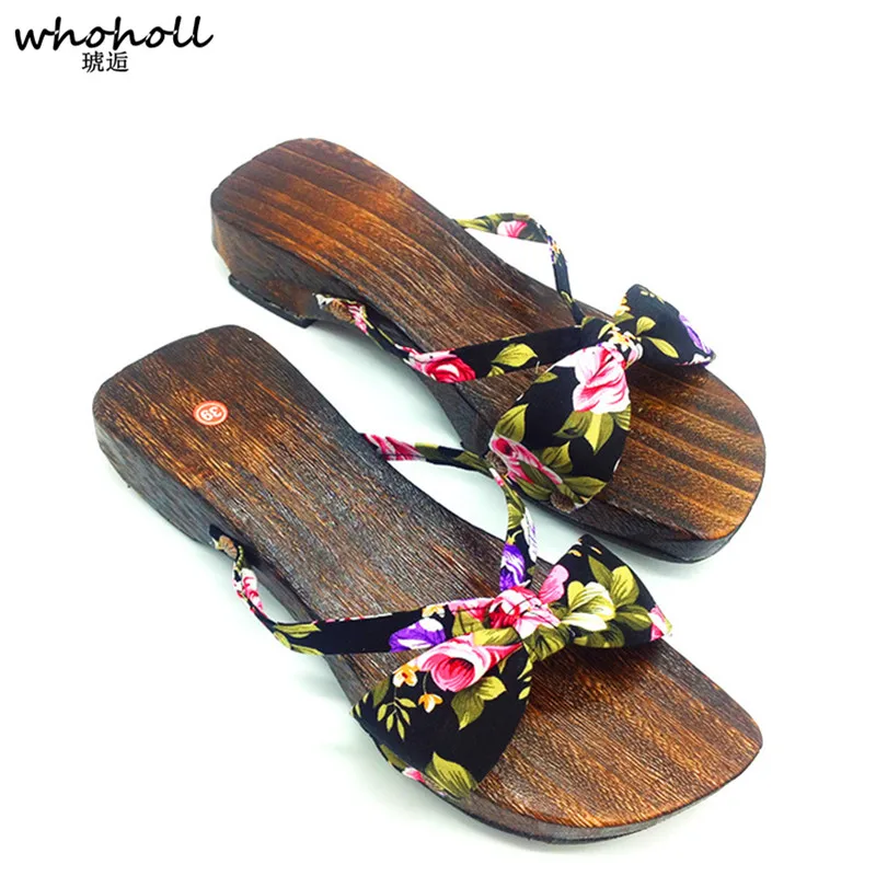 

WHOHOLL Women sandals Japanese geta wooden clogs slippers home bathroom antiskid flip-flops for female wedge sandal zapatos