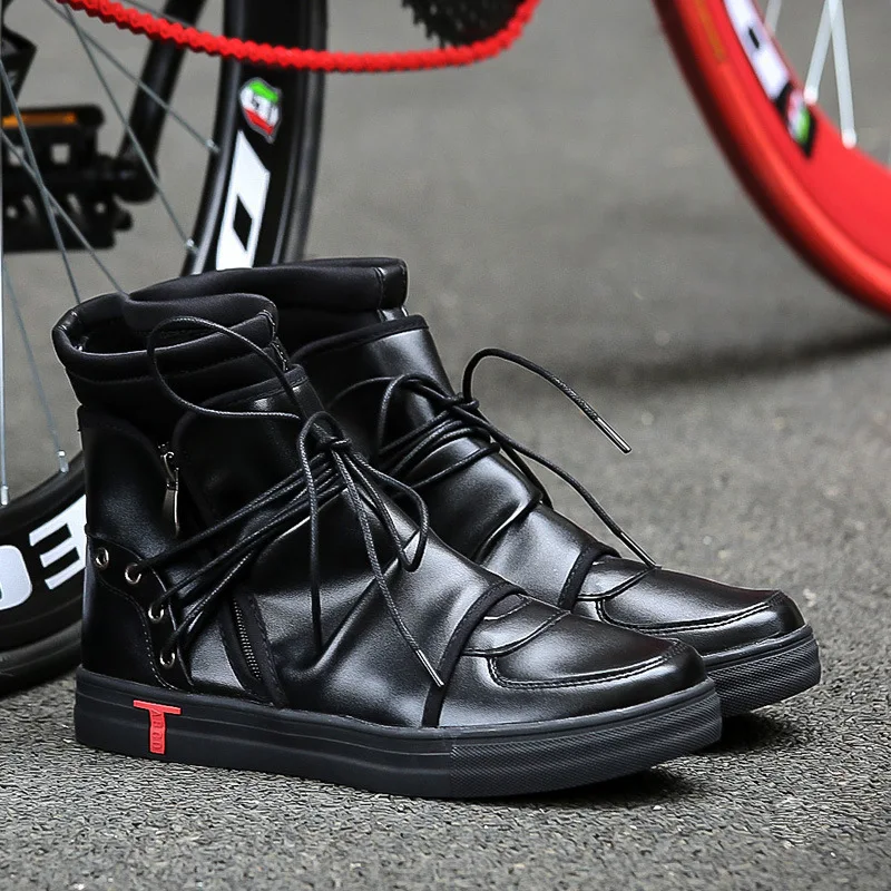 Новинка года; трендовая повседневная обувь; модные мужские полусапоги; кожаная обувь на низком каблуке; Цвет черный, белый; обувь на молнии со шнуровкой; Мужская обувь; Zapatos De Hombre - Цвет: Черный