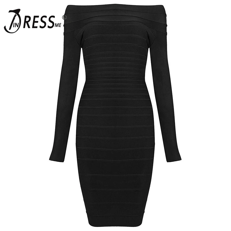 INDRESSME Free Shipping 2017 Black Women Bandage Dress Celebrity Full Long Sleeve Slash Neck