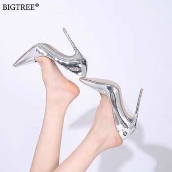 

2020 Women shoes Sexy high heels party pumps Female Summer heels mirror face leather Silver Golden ladies shoe zapatillas mujer