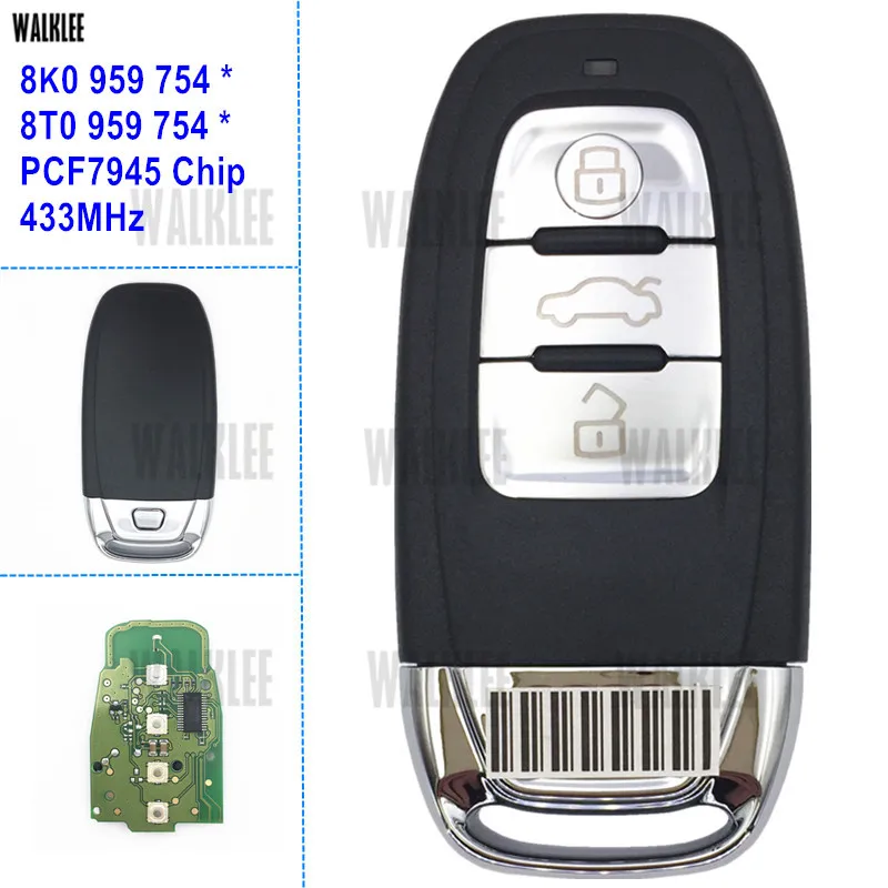 Автомобильный смарт ключ WALKLEE для Audi A4/S4/A5/S5/Q5 8T0 959 754 * / 8K0 754*3 кнопки 433 МГц дверной