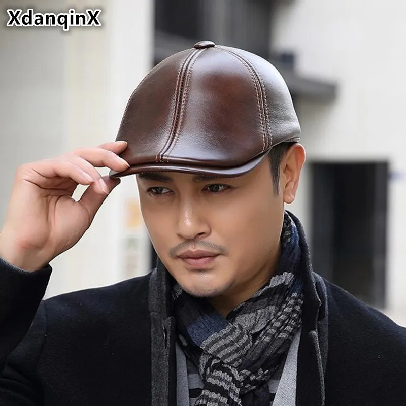 XdanqinX Genuine Leather Hats Winter Men's Warm Cowhide Berets Thermal ...