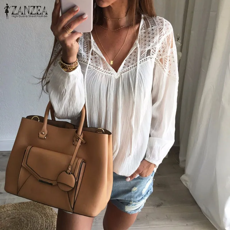 

Autumn Shirts 2016 Hot Sale Women Casual Loose Patchwork Lace Crochet Blouses Sexy V Neck Long Sleeve Blusas Tops S-5XL