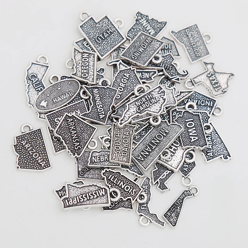 

RAINXTAR America 50 States Of Map Charms Mixed Design Alloy Antique Silver Color DIY Charms For Jewelry Making 1pc each state