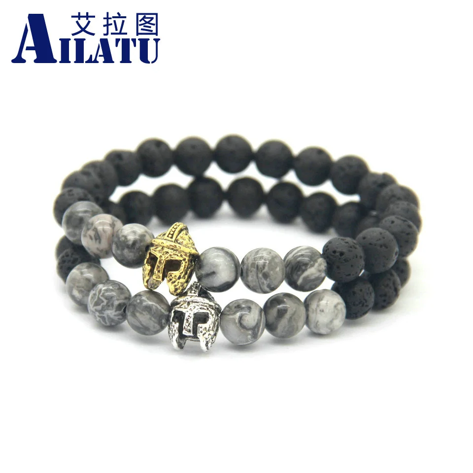 

Ailatu Retail New 8mm Lava Stone & Grey Veined Picture Stone with Roman Warrior Helmet Bracelet Spartan Jewelry for Men