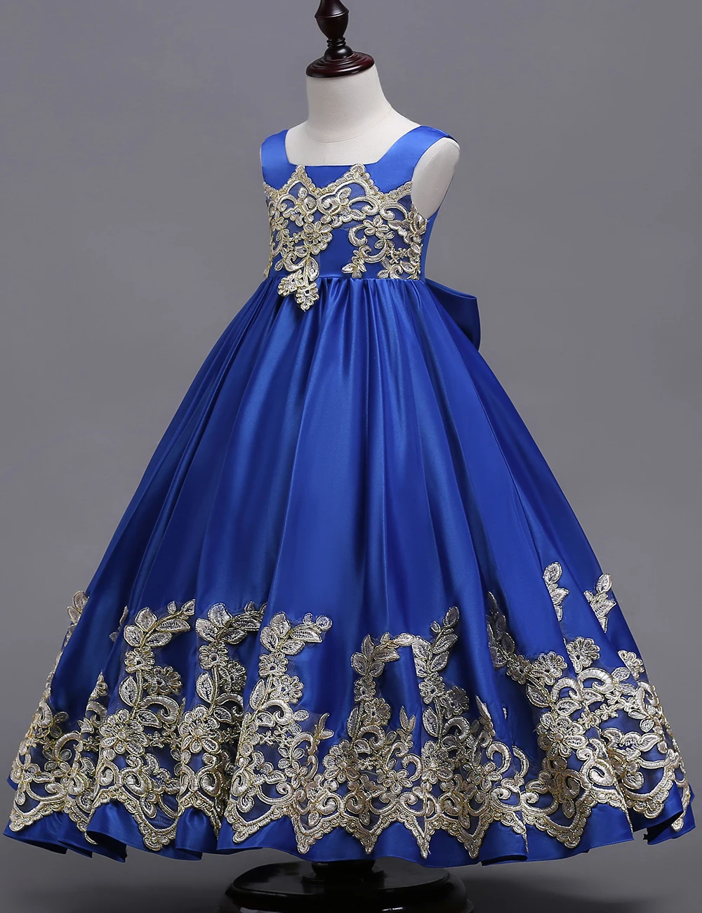 Real até o Chão Vestidos da Menina Vestidos de Festa Princesa Azul Flor Ouro Applique Meninas Pageant Vestido Primeira Comunhão 8 Vestidos floridos para meninas