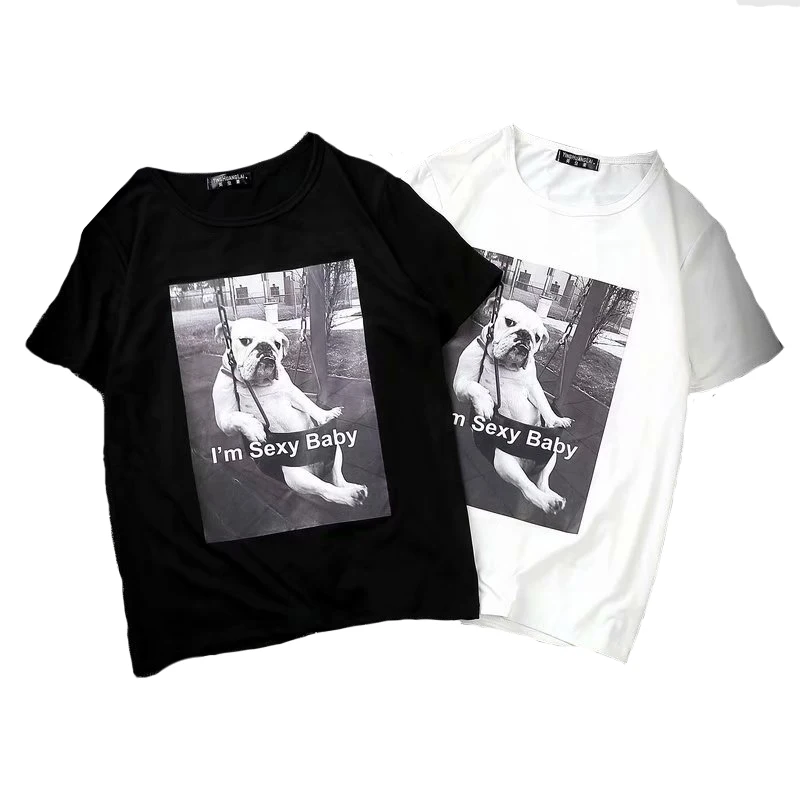 

Men's T-shirt casual fashion dog print short-sleeved men's Harajuku College style trend Slim small fresh 2019 shirt men's new