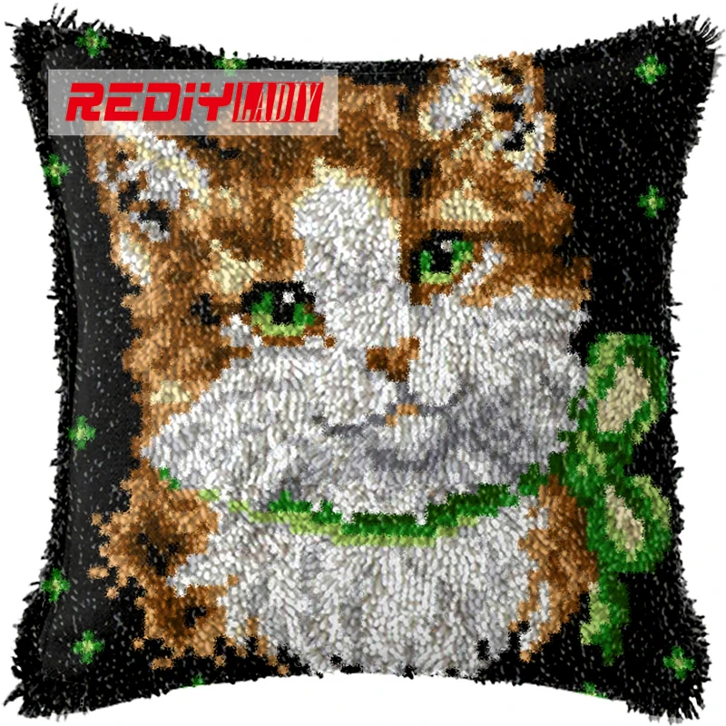 

REDIY LADIY Latch Hook Cushion Yarn for Embroidery Cushion Cover Cute Kitten Pillow Case Crochet Cushion Home Decorative Pillow