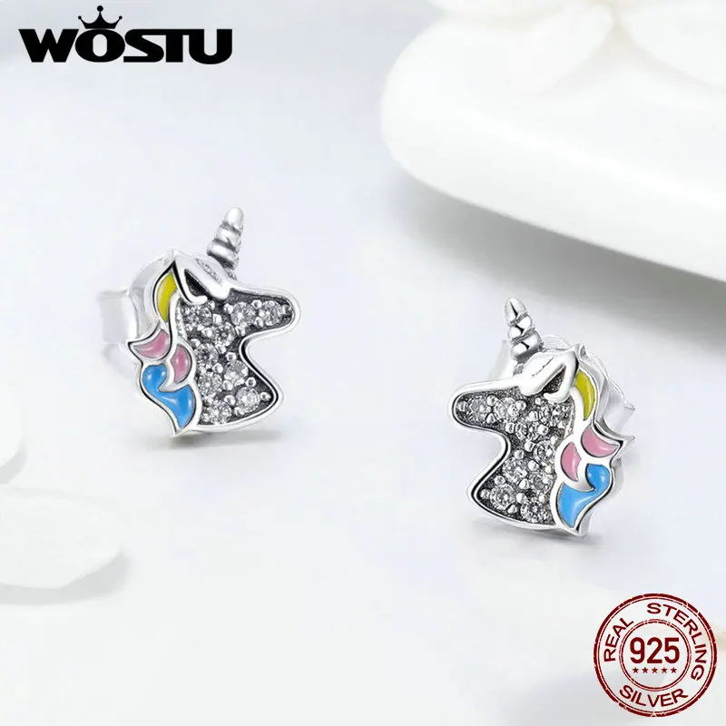 Женские серьги пусеты WOSTU из стерлингового серебра 925 пробы с единорогом в виде