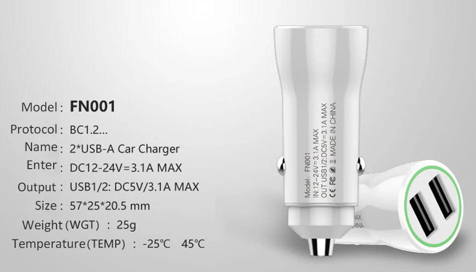 Universal Mini Double Port USB Car Charger Quick Charge 3.03.1A With LED Fast Car Mobile Phone Charger For Samsung iPhone X 7 8 (4)