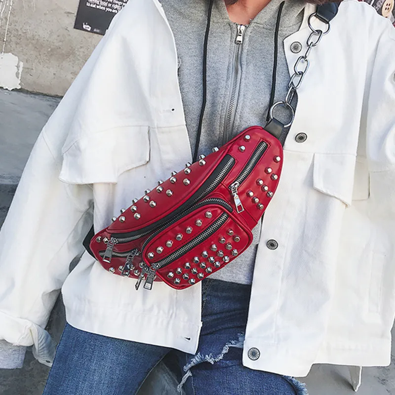 Women Waist Bag Pouch Fashion Rivet Leather Pack Ladies Night club