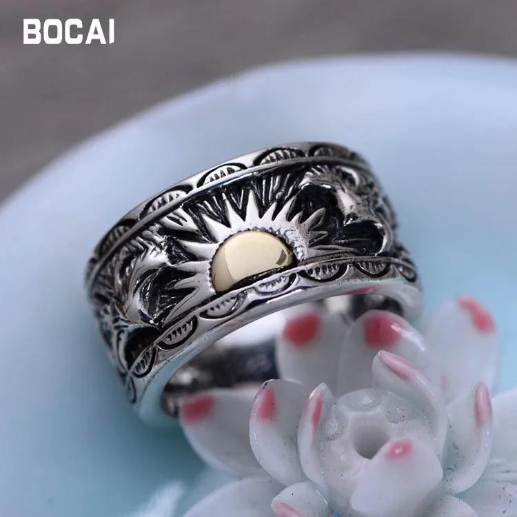 S925 sterling silver male ring Indian eagle wings sun totem Thai silver ring