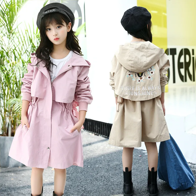 

Autumn Girls Trench Zipper Coats Fashion Kids Embroidered Bee Windbreaker Girl Hooded Jacket Teenager Outerwear Children Parka