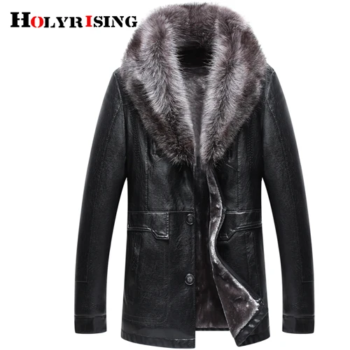 Holyrising, мужские Куртки из искусственной кожи, зимнее утепленное пальто, jaqueta de couro chaqueta, мужские Куртки из искусственной кожи, пальто с мехом енота, 18617-5 - Цвет: black