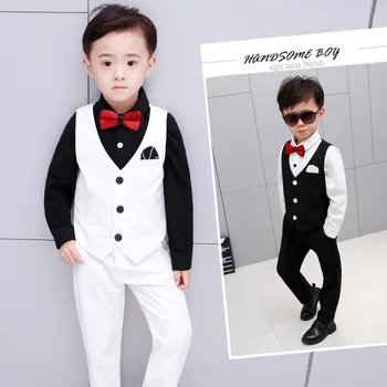 

4pcs Flower Boys Formal Wedding Vest Sets Children Vest Pants Shirts Bowtie Clothing Sets Kids Party Performance Dress Costume