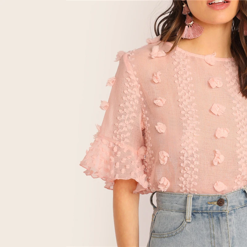 SHEIN элегантный розовый топ с 3D аппликацией и манжетами, блузка для женщин, короткий рукав, круглый вырез, Замочная скважина на спине, летние топы и блузки в стиле бохо