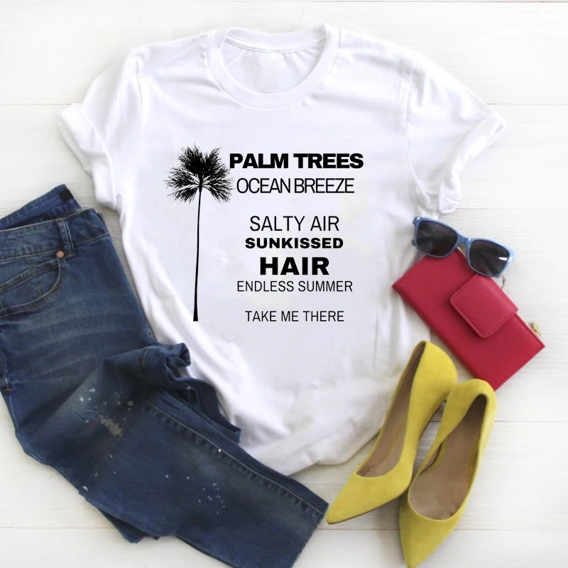 

Women Shirt Summer Palm Tree Travel Cute Fashion Kawaii Womens Clothes Graphic Printed Ladies Tee Top Tshirt Female T-shirt