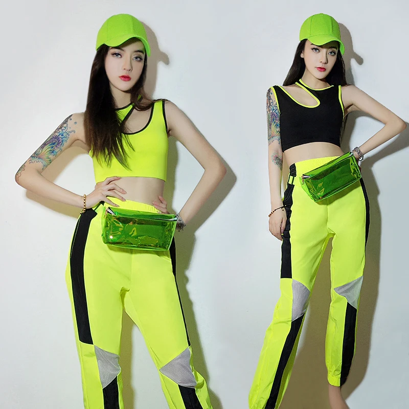 

Jazz Dance Costumes Fluorescent Green Vest Pants Women Hip Hip Clothes Nightclub Singer Dj Stage Outfit Street Dancewear DT986