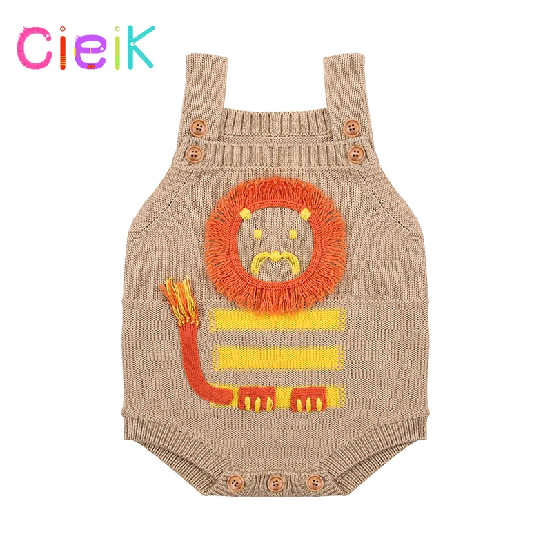Baby Boys Girls Cartoon Lion Animal Print Sleeveless Knitted Rompers Bodysuit