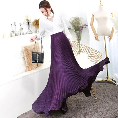 purple(long 100cm) Летняя модная винтажная Серебристая золотая металлическая однотонная Расклешенная юбка макси с высокой талией, пляжные длинные плиссированные юбки для женщин - Цвет: purple(long 100cm)