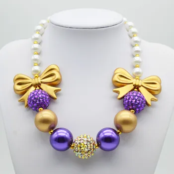 

Children Purple Gold White Pearl Necklace 2015 New Fashion Gold Bow Chunky Bubblegum Bead Necklaces