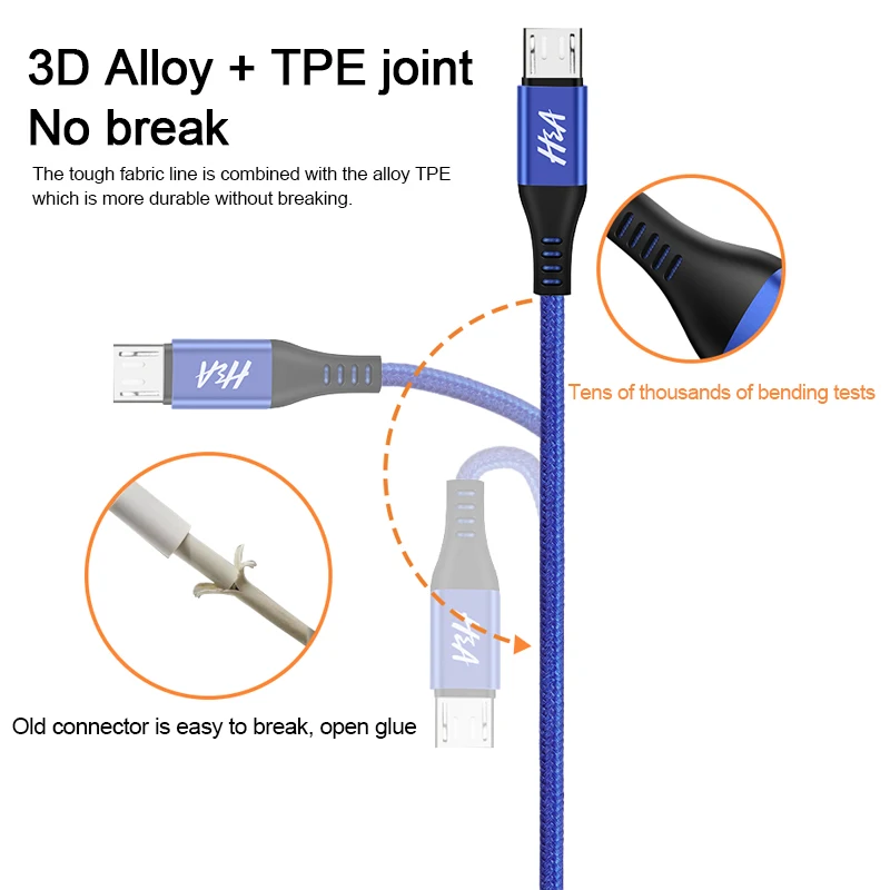 H & A المصغّر usb كابل النايلون مضفر سريع شحن شاحن USB للهاتف المحمول كابل مايكرو كابل usb لسامسونج xiaomi هواوي Redmi