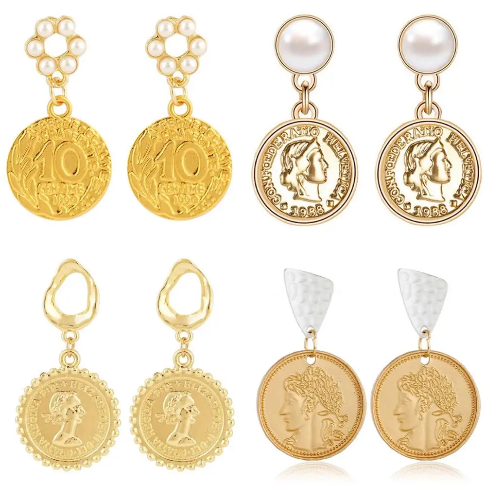 

Vintage Round Coin Metal Stud Earrings National Retro Woman Pearl Metal Earrings Pearl Head Coin Earrings Female Jewelry 2019
