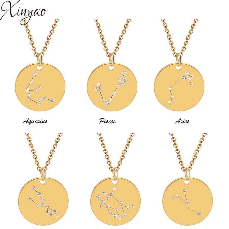 

XINYAO Stainless Steel 12 Constellation Zodiac Sign Pendant Necklace For Women Gold Color Elegant Round Charm Statement Necklace