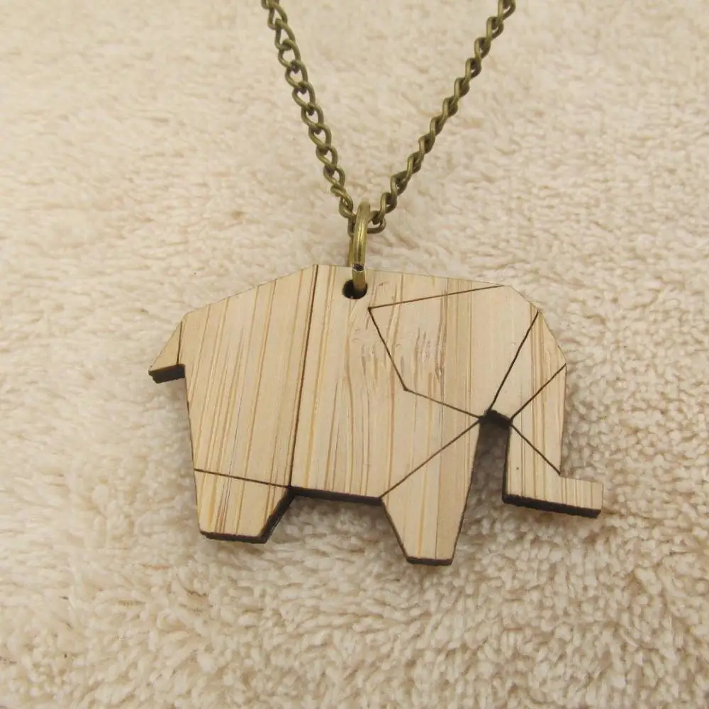 Мода Оригами слон волк ожерелье кулон бамбуковое дерево подарки Экологичные лазерная резка деревянные ювелирные изделия - Окраска металла: origami elephant
