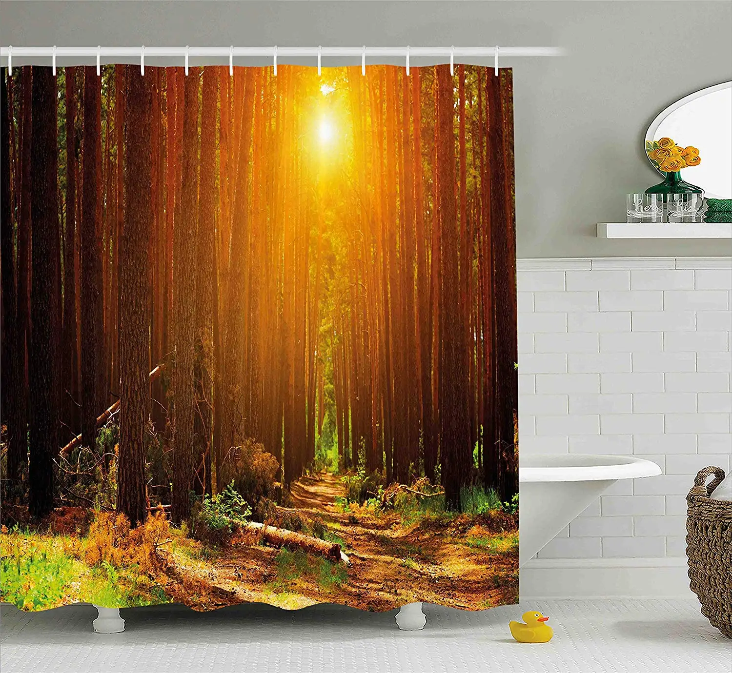 Landscape Shower Curtain Sunset Dawn Sun Rise Beams in Forest Tree