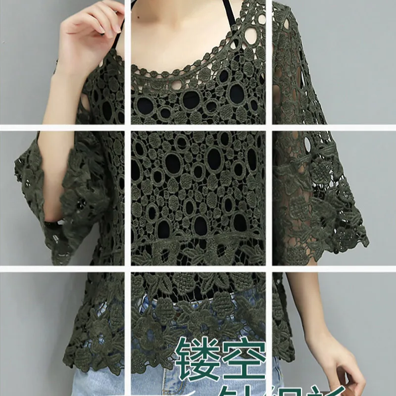 Loose Vintage Lace Ladies Blouse Crochet Summer Blouse Women Tops And Blouses 2018 Hollow Out Lace Shirt For Women Sexy Shirt Blouses