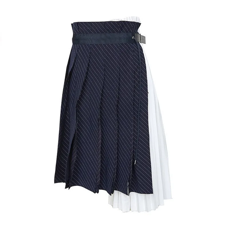 TWOTWINSTYLE летняя полосатая Лоскутная тонкая женская юбка с высокой талией Асимметричные плиссированные юбки Женская мода элегантная - Цвет: blue