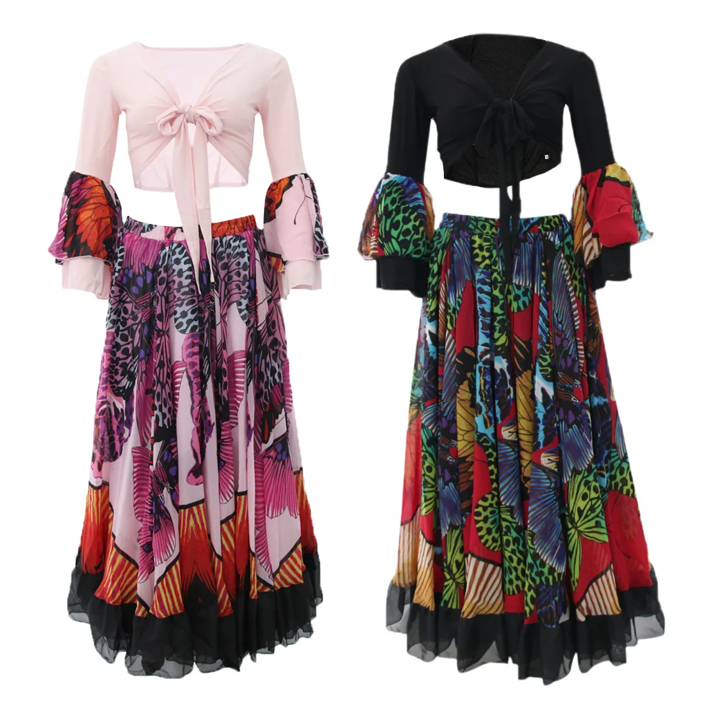 Tribal Gypsy Style Flamenco Belly Dance Costume Set for Women Chiffon Top and Butterfly Print Swing Maxi Skirt