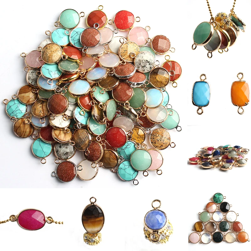 

Natural Stone Charms Pendants Round Oval Double Hole Connectors For DIY Jewelry Accessories Necklace 8/10/12/14/15/18 mm 10pcs