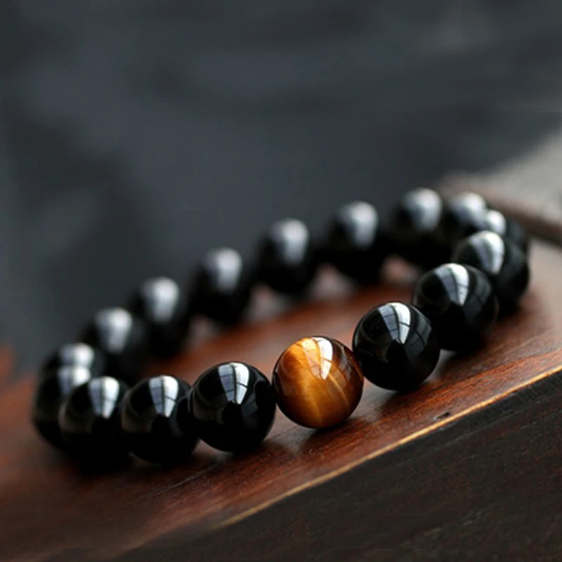 

Natural Black Onyx with Tiger eye Stone Beads Men Jewelry Bracelet 12 Constellation Leo Lovers Energy Balance Bracelet