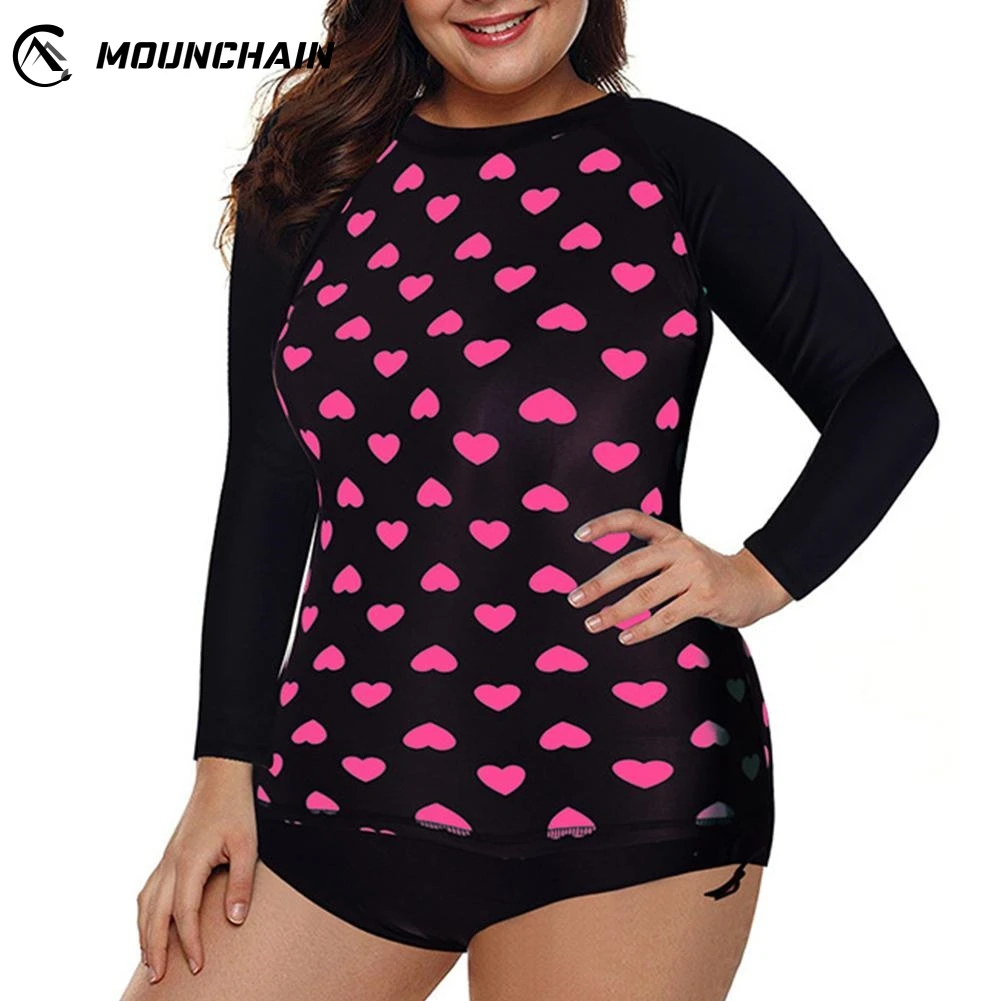 Женщины плюс размер сексуальный купальник для плавания костюм с длинным рукавом печать в форме сердца топы и шорты
