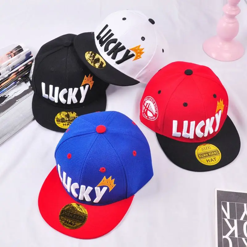 Child Kids Lucky Letter Crown Embroidery Baseball Cap Cartoon Hip-Hop Wide Flat Bill Sunscreen Adjustable Snapback Sun Hat 2-8T
